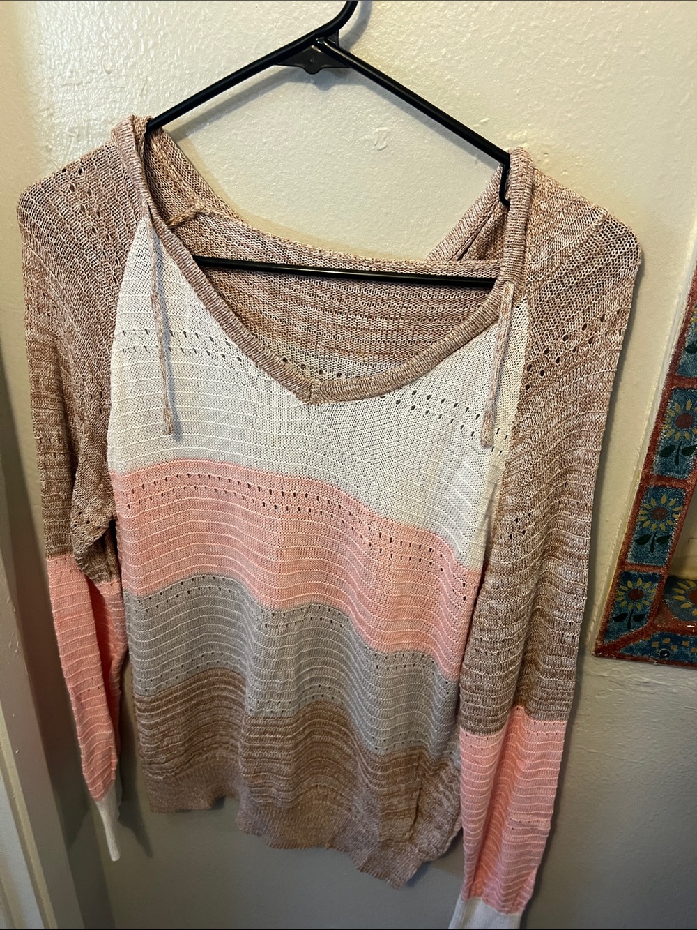 Lightweight Striped Hooded Knit Sweater - Pink, Cream & Taupe